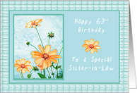 Happy 63rd Birthday to a Sister-in-Law, Orange flowers, gingham card