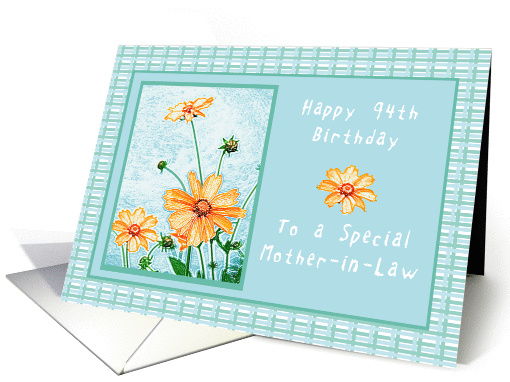 Happy 94th Birthday to a Mother-in-Law, Orange flowers, gingham card