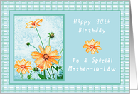 Happy 90th Birthday to a Mother-in-Law, Orange flowers, gingham card