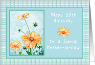 Happy 80th Birthday to a Mother-in-Law, Orange flowers, gingham card