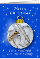 Season’s Greetings for a Minister and Family, Sparrow Ornament card