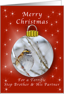 Merry Christmas for a Step Brother and His Partner, Sparrow Ornament card