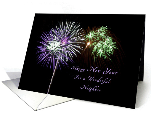 Happy New Year, for a Neighbor, Purple and Green Fireworks card