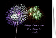 Happy New Year, for a Nephew, Purple and Green Fireworks card