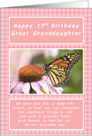 Happy 17th Birthday, Great Granddaughter, Monarch Butterfly card