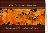 Cousin, November Birthday, Maple Leaves card
