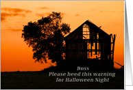 Happy Halloween for a Boss, Silhouetted Barn and Tree card