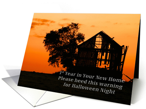 Happy 1st Halloween in Your New Home, Silhouetted Barn and Tree card