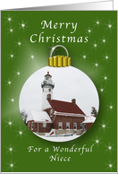 Merry Christmas Lighthouse Ornament for a Niece card