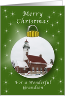 Merry Christmas Lighthouse Ornament for a Grandson card