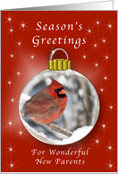 Season’s Greeting Cardinal Ornament for New Parents card