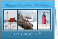 Happy December Birthday for a Cool Wife, Lighthouses in Winter card