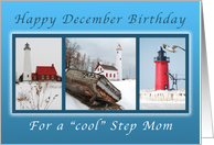 Happy December Birthday for a Cool Step Mom, Lighthouses card
