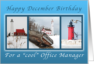 Happy December Birthday for a Cool Office Manager, Lighthouses card