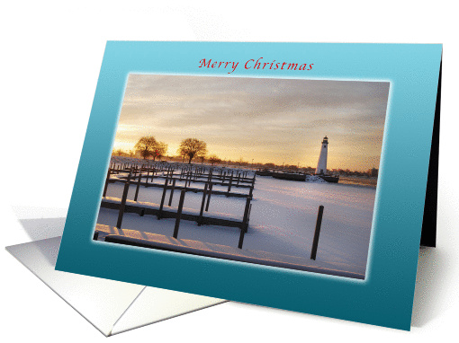 Merry Christmas, Marina and Lighthouse winter sunrise scene card