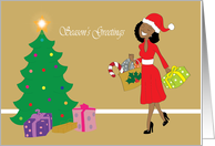 Season’s Greetings woman in red dress and Christmas tree card