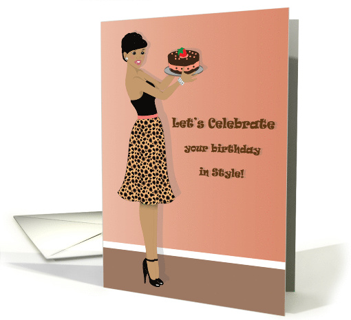 Birthday-Woman in leopard print skirt and carrying a cake card