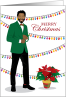 Christmas Handsome Black Man with Christmas lights card