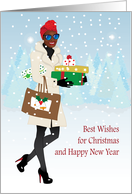 Christmas for her - Gorgeous black woman walking in snow with gifts card