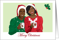 Christmas card, black couple with ugly sweaters and santa’s hat card