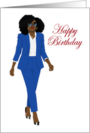 Happy Birthday for Black Woman Blue Suit Natural Hair Sunglasses card