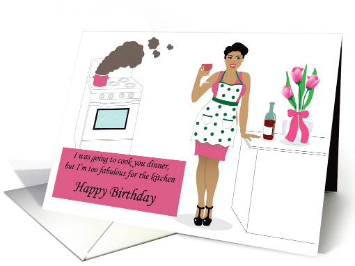 Happy Birthday - Beautiful curvy woman having wine in the kitchen card