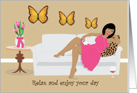 Happy Birthday - Beautiful black woman relaxing on a sofa with wine card