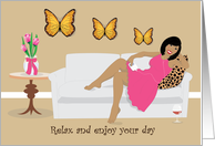 Mother’s Day - Mother relaxing on sofa having wine on Mother’s Day card