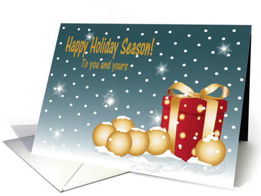 Happy Holidays - Christmas gift and ornaments covered in snow card