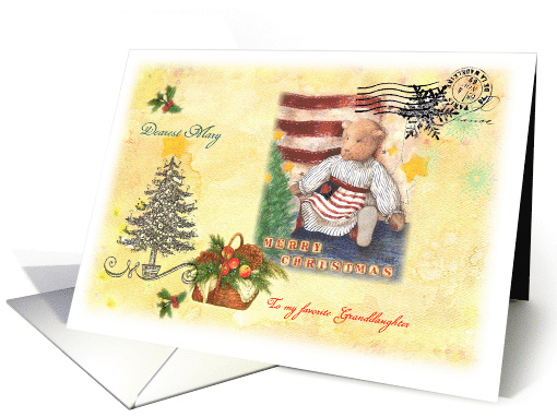 Patriotic Xmas Teddy Bear, Granddaughter Custom Front card (1002015)