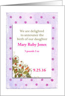 Custom Baby Girl Announcement Polka Dots & Botanical card