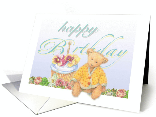 Illustrated teddy bear in garden, birthday cupcake card (964679)