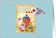 Open House Party Invitation, with Cozy Teddy Bears & Cottage card