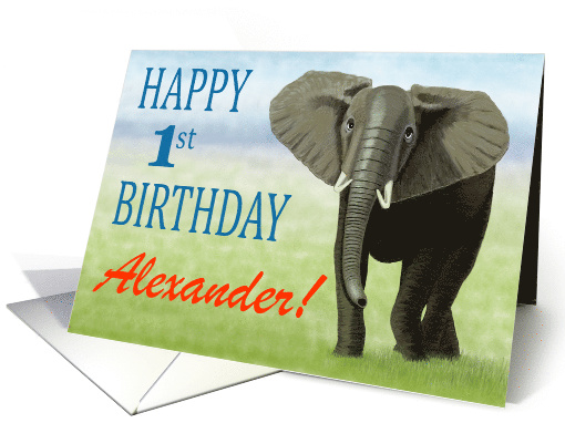 Curious Elephant--Happy 1st Birthday Custom Name Boy card (1406048)