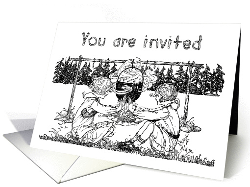 Camp Out Party Invitation, Vintage Girls Playing by Campfire card