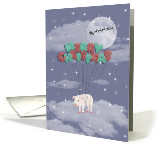 Flying Pig with Balloons on Christmas Eve, Stars, Moon and Santa card