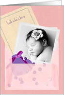 Custom Photo Vellum Envelope, Sequins Baby Girl Birth Announcement card