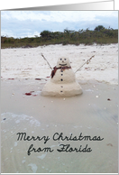 Sand Snowman on the Beach, Merry Christmas from Florida card