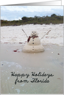 Sand Snowman on the Beach, Happy Holidays from Florida card