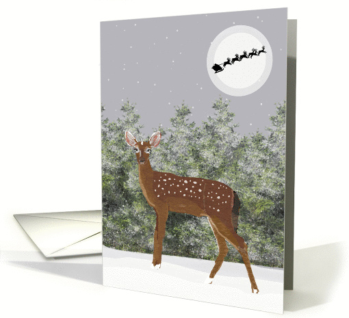 Deer in a Snowy Scene with Santa Flying in Front of the Moon card