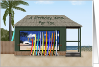 Happy birthday with surfboards and beach card
