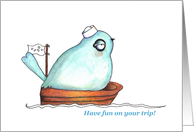 Blue bird sailing on a trip on a boat card