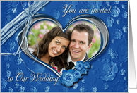Wedding Invitation photo card on blue background card