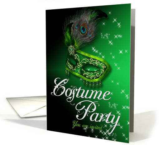 Costume party invitation with green Venetian mask card (1010993)