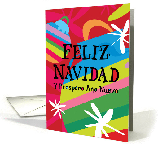 Merry Chrismas and Happy New Year Spanish Ornaments with Twinkles card