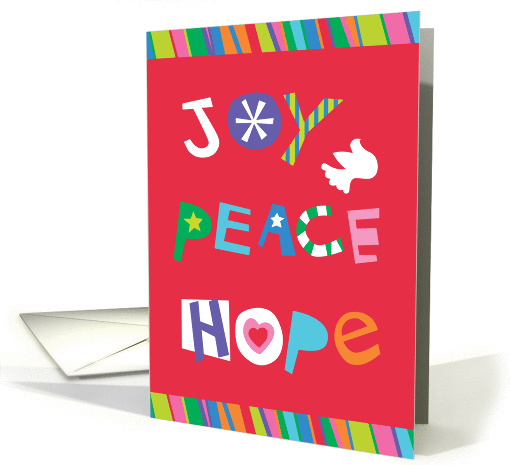 Joy-Peace-Hope, Lettering with Heart, Dove and Star Shapes card