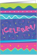 Celebra-Celebrate Spanish Festive Stripes in confetti and stars card