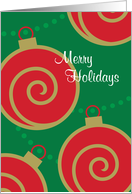 Merry Holidays Red Ornaments With Swirls On Green Background card