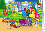 Train and car! friends by car and train in a hurry to congratulate card