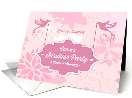 5 Years Cancer Survivor Party Invitation with Pink Birds Flowers card